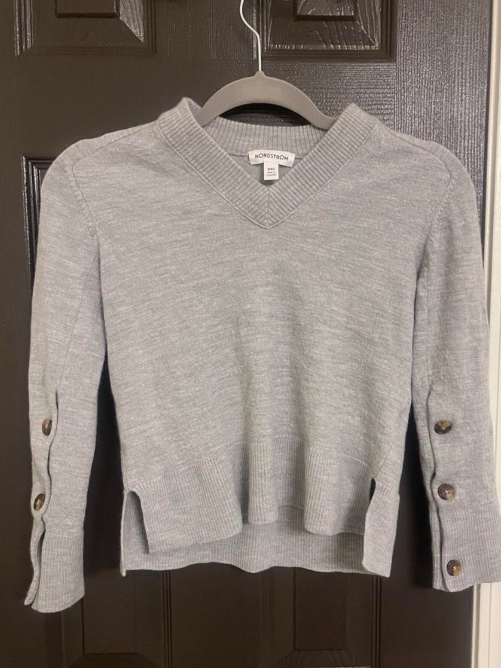 Nordstrom Light Gray V-Neck Button-Sleeve Sweater